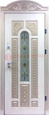 Белая железная дверь с МДФ и витражом ВЖ-26 в Куровском