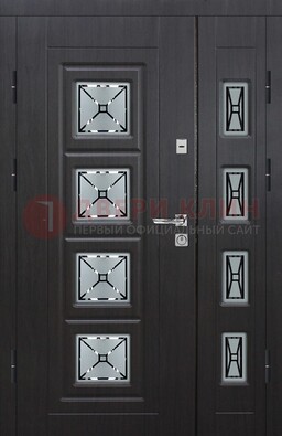 Чёрная двухстворчатая железная дверь с МДФ и витражом ВЖ-35 в Куровском