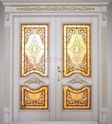 Элитная металлическая дверь с витражом и отделкой массив ВЖ-4 в Куровском