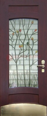 Бордовая стальная дверь с витражом и декоративным элементом ВЖ-3 в Казани